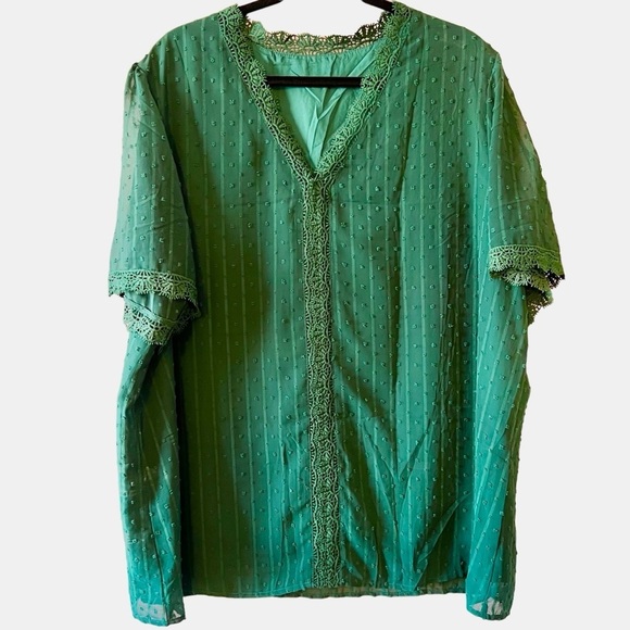Plus size green v-neck, swiss dot, and lace chiffon top. - Picture 3 of 12